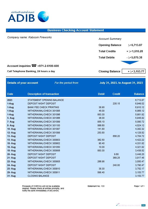 Abu Dhabi Islamic Bank company checking account statement Word and PDF template